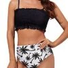 Cute Bathing Suit Bottoms And Ruffled Bikini-Black Palm Tree