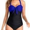 Retro & Vintage Ruching Swimming Suits Halter Bathing Suits For Women-Royal Blue And Black