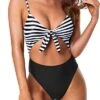Push Up Removable Padded Bras Monokini Sexy One Piece Swimsuits-Black And White Stripe