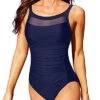 Sexy See Through Mesh U Back Design Mesh One Piece Swimsuits-Navy Blue