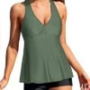Tummy Slimming Bathing Suit Tankini Top And Shorts For Padded Push Up-Olive Green