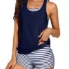 3 Piece Women's Scoop Neck Criss Cross Tankini Swimsuits-Blue White Stripe