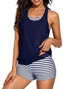 3 Piece Women's Scoop Neck Criss Cross Tankini Swimsuits-Blue White Stripe