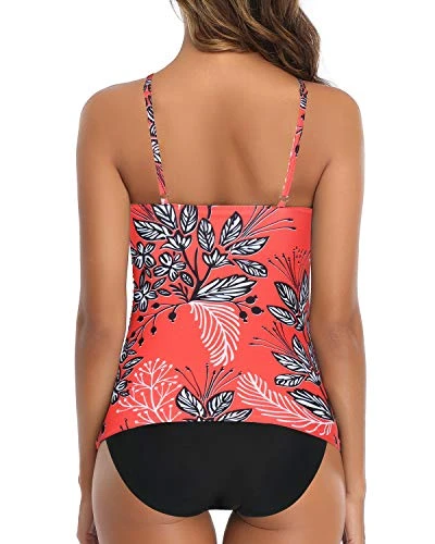 Padded Push Up Tummy Slimming 2 Piece Tankini Swimsuits For Women-Red Floral - Image 2