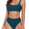 Women Two Piece Sporty Scoop Neck High Waisted Bikini Swimsuits-Teal