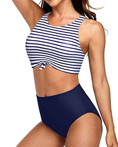 Tie Knot Front Bikini Set Sporty Two Piece Swimsuits-Blue White Stripe - Image 4