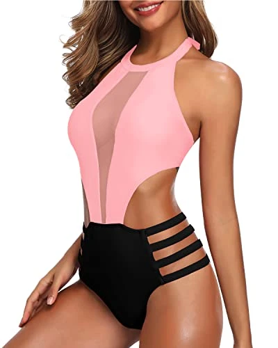 Flattering Waist Cutout Halter One Piece Swimsuit For Women-Pink And Black - Image 3