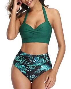 Push Up Bra Adjustable Straps Vintage High Waisted Bikini-Tropical Leaf