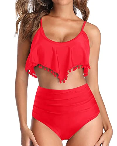 Full Coverage Tummy Control Two Piece Bikini Swimsuit-Neon Red