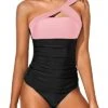 Women's Tummy Control Tankini Swimsuit One Shoulder Top & Shorts-Pink And Black