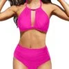 Cross-Back Halter High Waisted Bikini For Flirty Look-Neon Pink