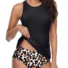Adjustable Straps Two Piece Tankini Swimsuits For Women-Black And Leopard