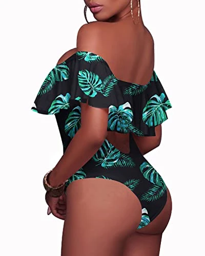 Flounce One Piece Swimsuit Off-The-Shoulder Lace-Up Backless Bathing Suit-Black And Green Leaf - Image 2