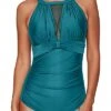 Fashionable Tummy Control Plunge Neck Mesh One Piece Swimsuit For Women-Teal