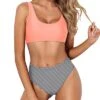 Women's Sporty Bathing Suit Crop Top High Cut Swimsuit-Coral Pink Stripe