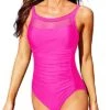 Comfy Wide Shoulder Straps Ruched Tummy Control Swimwear-Neon Pink