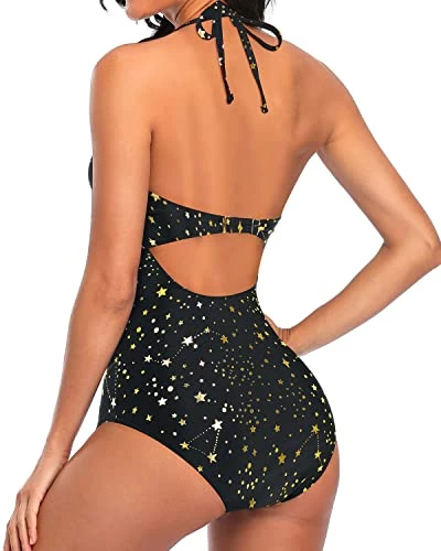 Elegant Curves Accentuating Monokini Halter One Piece Swimsuits-Gold Stars - Image 3