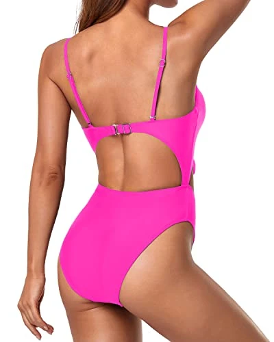High Waisted Tummy Control Swimsuits Sexy Monokini-Neon Pink - Image 2