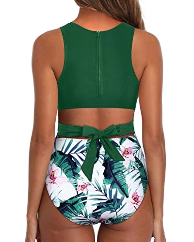 Attractive Silhouette Revealing Women One Piece Swimsuits-Green Tropical Floral - Image 2