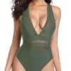 Glamorous Wide Shoulder Strap V Neck One Piece Swimsuits-Olive Green