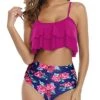 Trendy And Elegant Ruffle Bandeau Bikini Set High Waisted Bottom-Pink Floral
