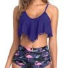 Tassel Trim Chic Tropical High Waisted Bikini-Blue Flamingo