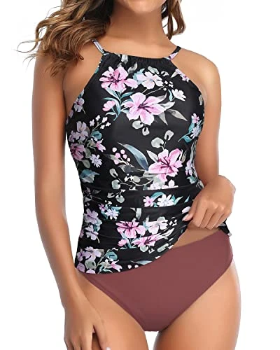Charming High Neck Ruched Tankini Swimsuit For Women-Black Pink Flowers - Image 2