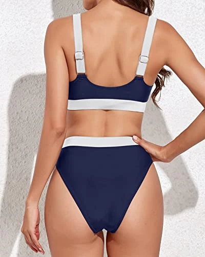 Women High Rise Athletic Bathing Suits Sporty Scoop Neck Bikini-Navy Blue And White - Image 2