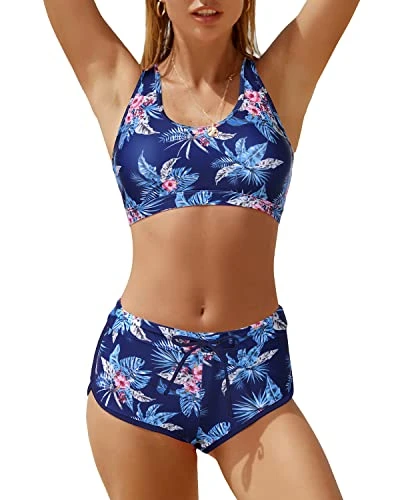 Mid Waist Boyleg Shorts Two Piece Bathing Suits For Women-Blue Floral - Image 3