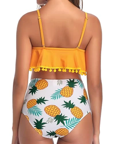 Women's Chic Flounce Scoop Neck Adjustable Spaghetti Straps Backless Removable Padded Cute Ruched Tummy Control Ruffled High Waisted Full Coverage Sexy Bikini-Yellow Pineapple1 - Image 2