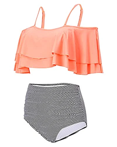 Elegant High Waisted Bikini Set Swimsuit Tummy Control-Coral Pink Stripe - Image 4