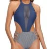 Hook Closure Center Back Sexy One Piece Bathing Suit For Women-Blue White Stripe