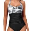 Adjustable Halter Neck Swimsuits Halter Vintage Swimwear-Black And White Stripe