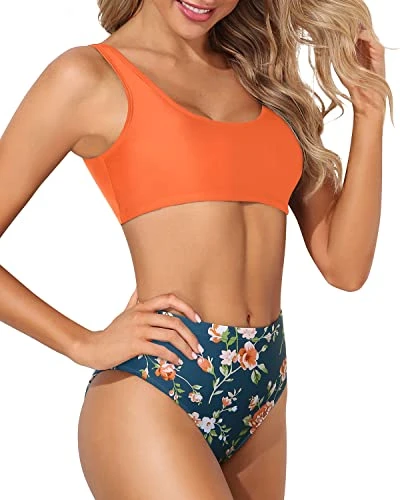 High Waisted Bikini Bottom For Long Torso Two Piece Scoop Neck Bikini-Orange Flowers - Image 3
