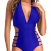 Plunge V Neck Halter Bathing Suits Removable Padded Push-Up Bra-Royal Blue