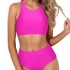 Two Piece Full Coverage Bottom Sporty High Waisted Bikini Set-Neon Pink