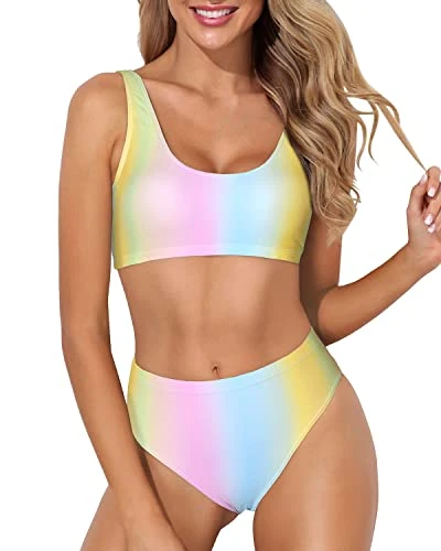 Women's Sexy High Waisted Bikini Crop Top High Cut Swimsuit-Color Stripes
