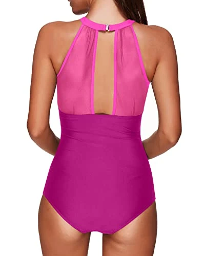 Sexy One Piece High Neck Ruched Monokini Swimwear For Women-Phosphor And Dark Pink - Image 2