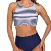 Tie Knot Front Bikini Set Sporty Two Piece Swimsuits-Blue White Stripe