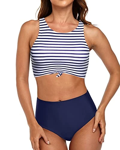 Tie Knot Front Bikini Set Sporty Two Piece Swimsuits-Blue White Stripe