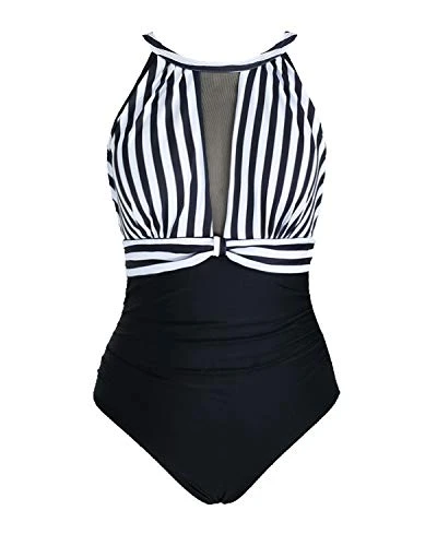 Alluring High Neck Mesh Women's Bathing Suit-Black And White Stripe - Image 3