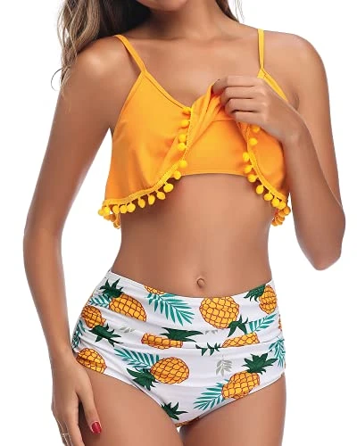 Women's Chic Flounce Scoop Neck Adjustable Spaghetti Straps Backless Removable Padded Cute Ruched Tummy Control Ruffled High Waisted Full Coverage Sexy Bikini-Yellow Pineapple1 - Image 4