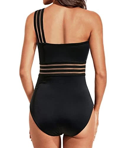 Mesh One Shoulder Tummy Control One Piece Swimsuits For Women Stylish Swimwear - Image 2