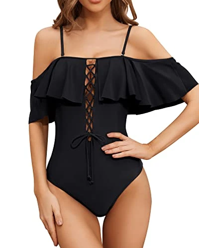 Lace-Up Front Off Shoulder Ruffle One Piece Swimsuit For Women-Black - Image 3