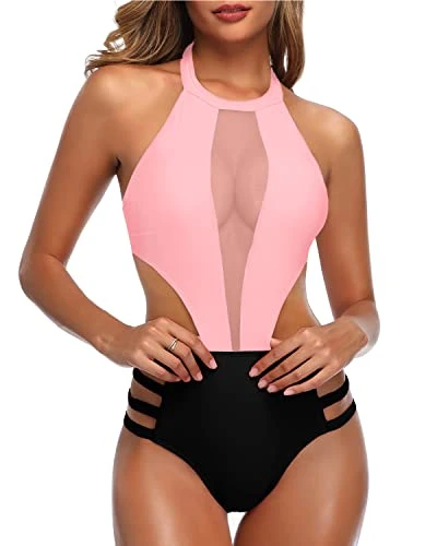 Flattering Waist Cutout Halter One Piece Swimsuit For Women-Pink And Black - Image 2