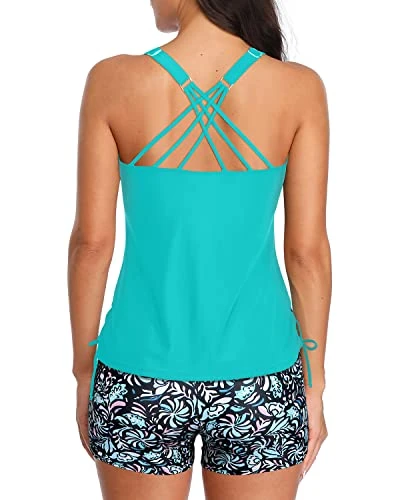 V-Neck Ruched Front Criss Cross Strappy Back Tankini-Light Blue-Green Floral - Image 2