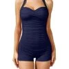 Halter Top Push Up Swimsuits Shorts Retro One Piece Bathing Suit-Navy Blue
