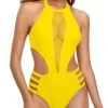 Sexy Mesh Cutout Plunge Backless One Piece Monokini Swimwear-Neon Yellow