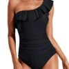 Retro Women's Tummy Control Ruffle One Shoulder Swimsuit-Black