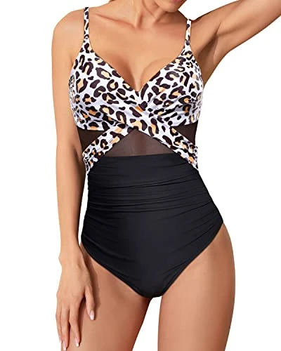 Women's Push Up One Piece Swimsuits Cutout Mesh Front Cross Swimwear - Image 3
